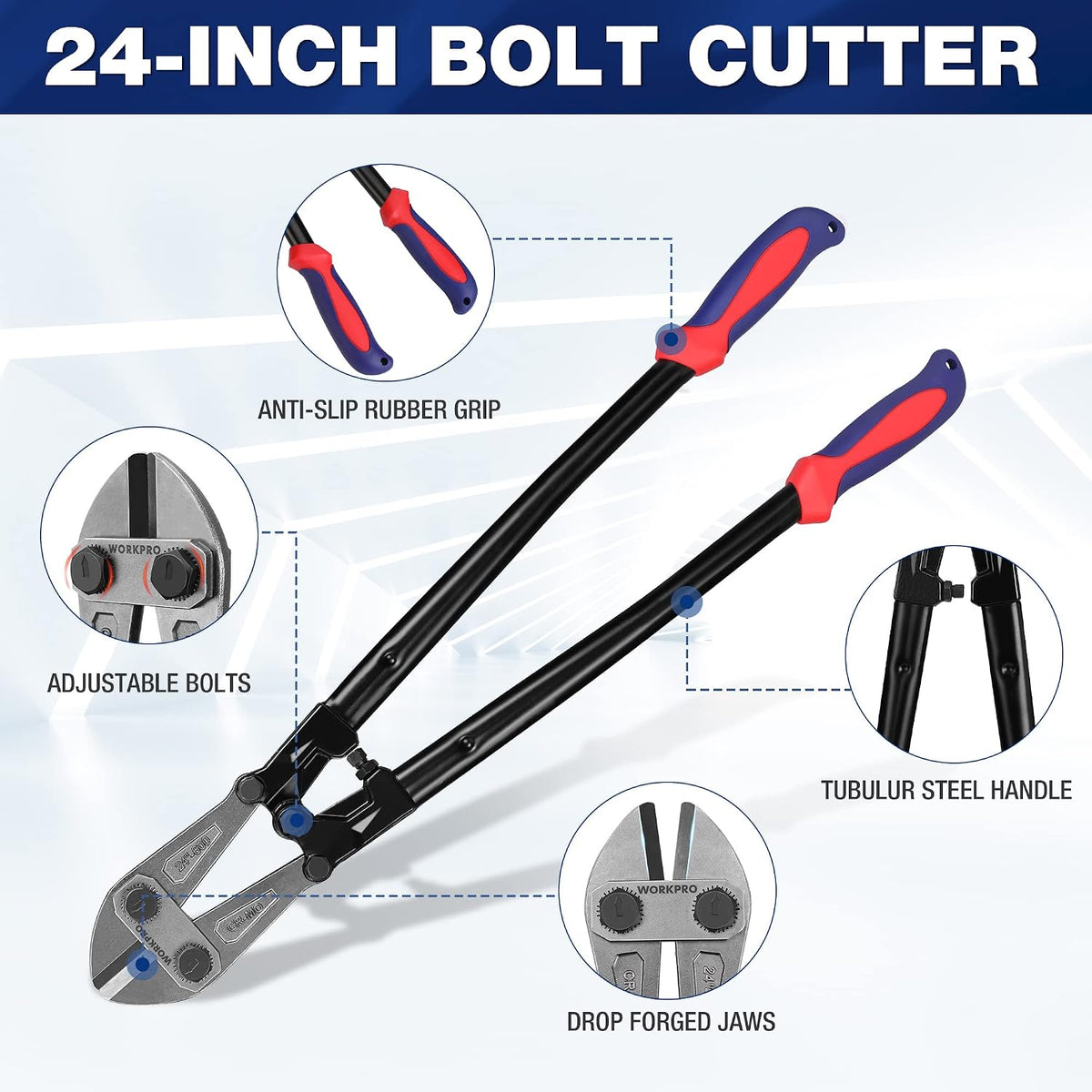 WORKPRO Bolt Cutter, Bi-Material Handle with Soft Rubber Grip, 24", Chrome Molybdenum Steel Blade