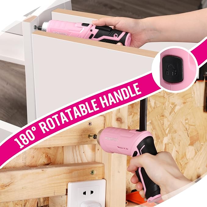 Pink cordless screwdriver with 180° rotatable handle used on a wooden board
