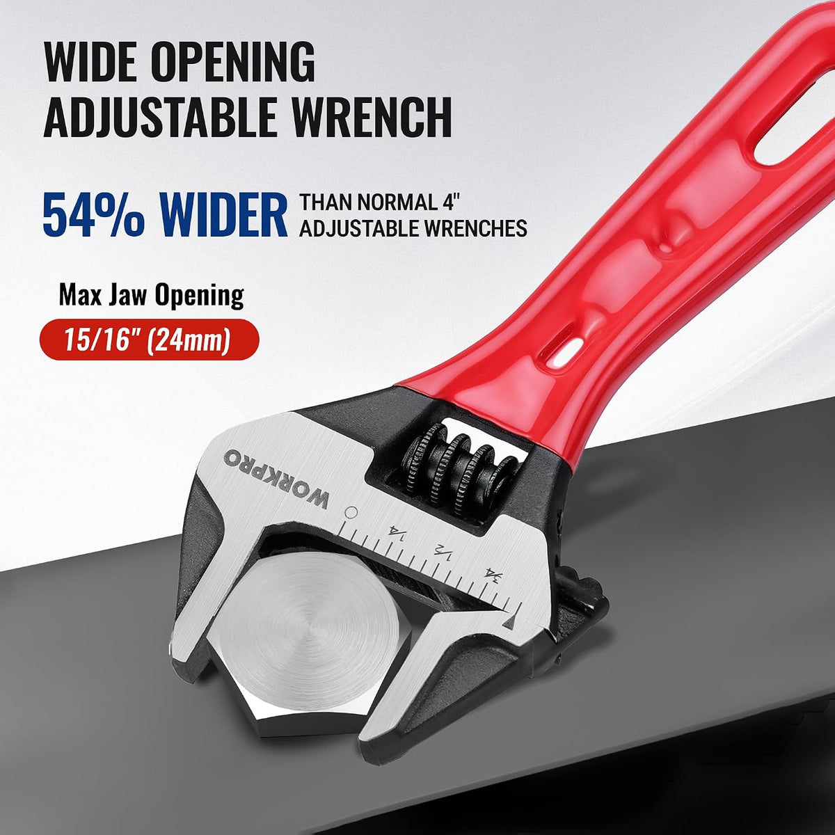 WORKPRO 4" Stubby Adjustable Wrench, 15/16" Extra Wide Jaw Opening