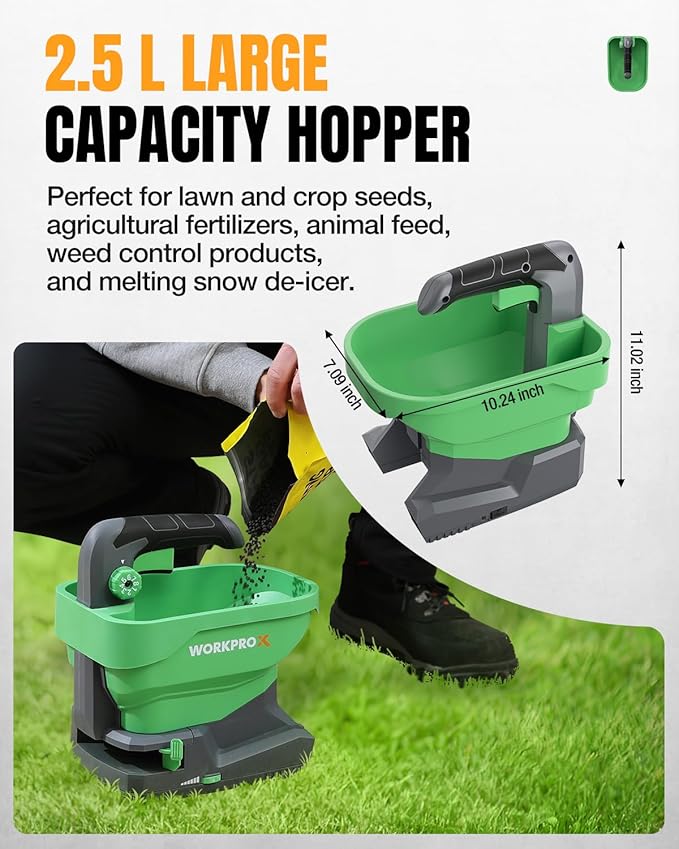 Handheld seed and fertilizer spreader with large green hopper and black handle