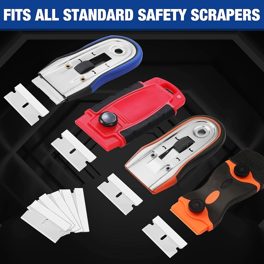 Single-edge scraper razor blades and handheld holders in red, orange, and blue