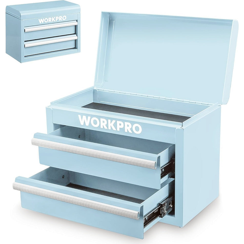 WORKPRO Mini Metal Tool Box with 2 Drawers and Top Storage, Small Tool Chest, Light Blue (upgraded with ball bearing slides)