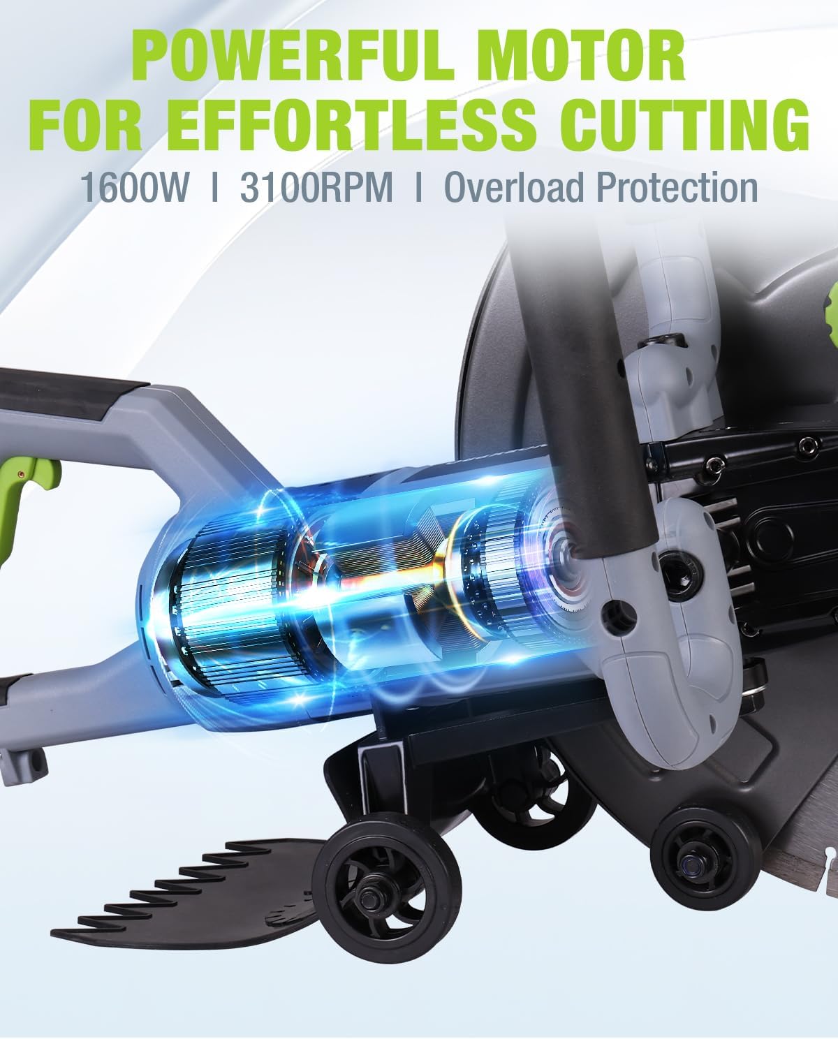 Wet concrete saw with water-cooled motor housing, diamond blade, and front caster wheels