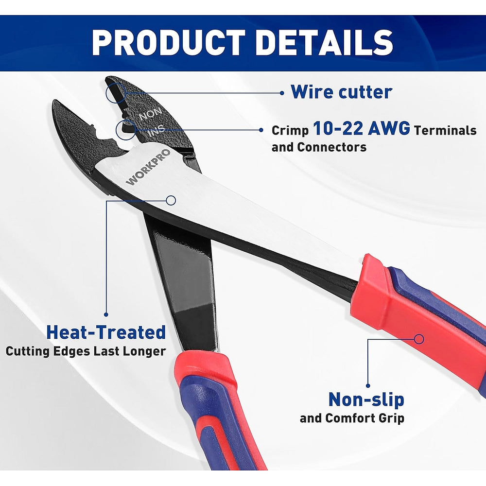Wire cutter and crimping tool with heat-treated edges and non-slip comfort grip handles