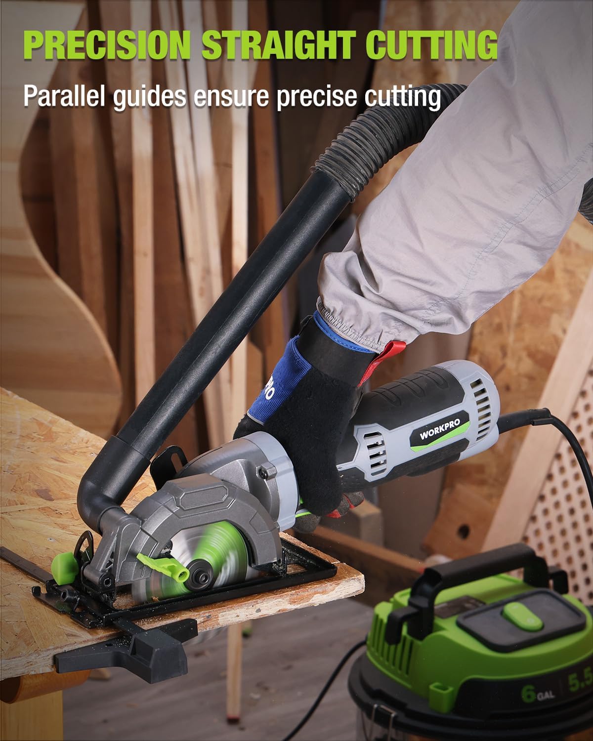 Circular saw with parallel guide cutting on a wood plank, black handle and green guard