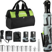 Cordless electric ratchet wrench set with storage bag, charger, and socket adapters