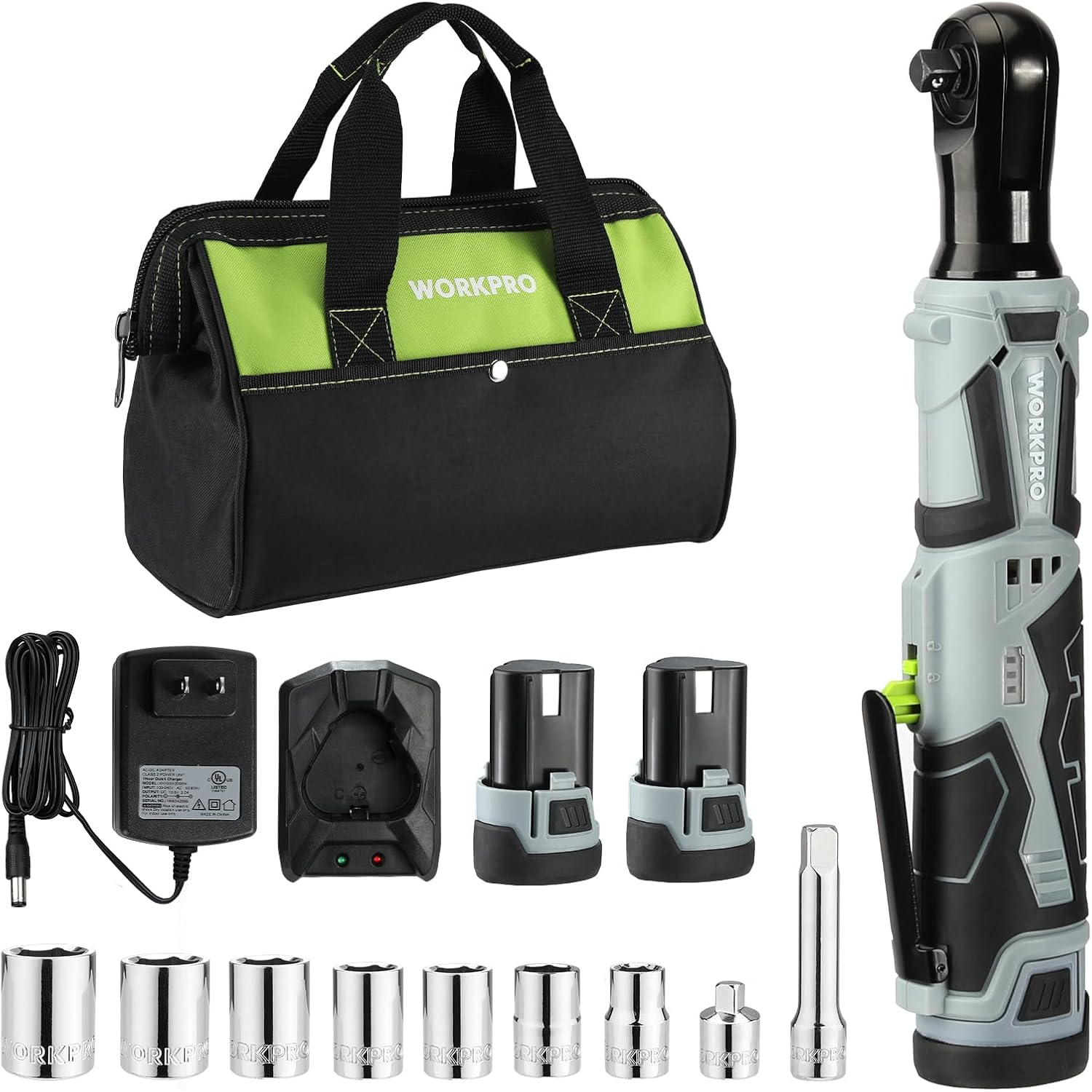 Cordless electric ratchet wrench set with storage bag, charger, and socket adapters