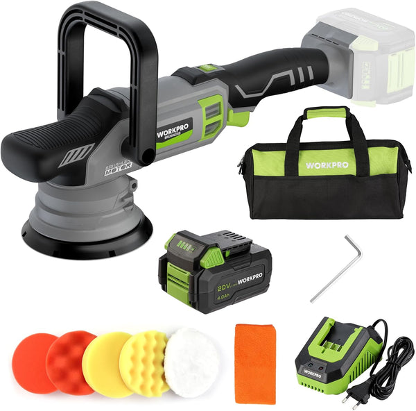 WORKPRO 20V Cordless & Brushless Dual Action Buffer Polisher Kit with 4.0Ah Battery, 7 Variable Speed Up to 5000RPM