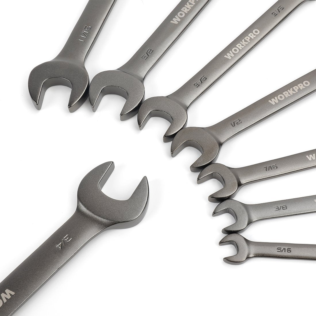 WORKPRO flex-head ratcheting combination wrenches, dark gray, open ring ends