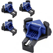 Set of blue and black adjustable corner clamps with spring tensioned jaw feet