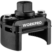 Universal oil filter wrench close-up: clamp screw and WORKPRO branding on handle