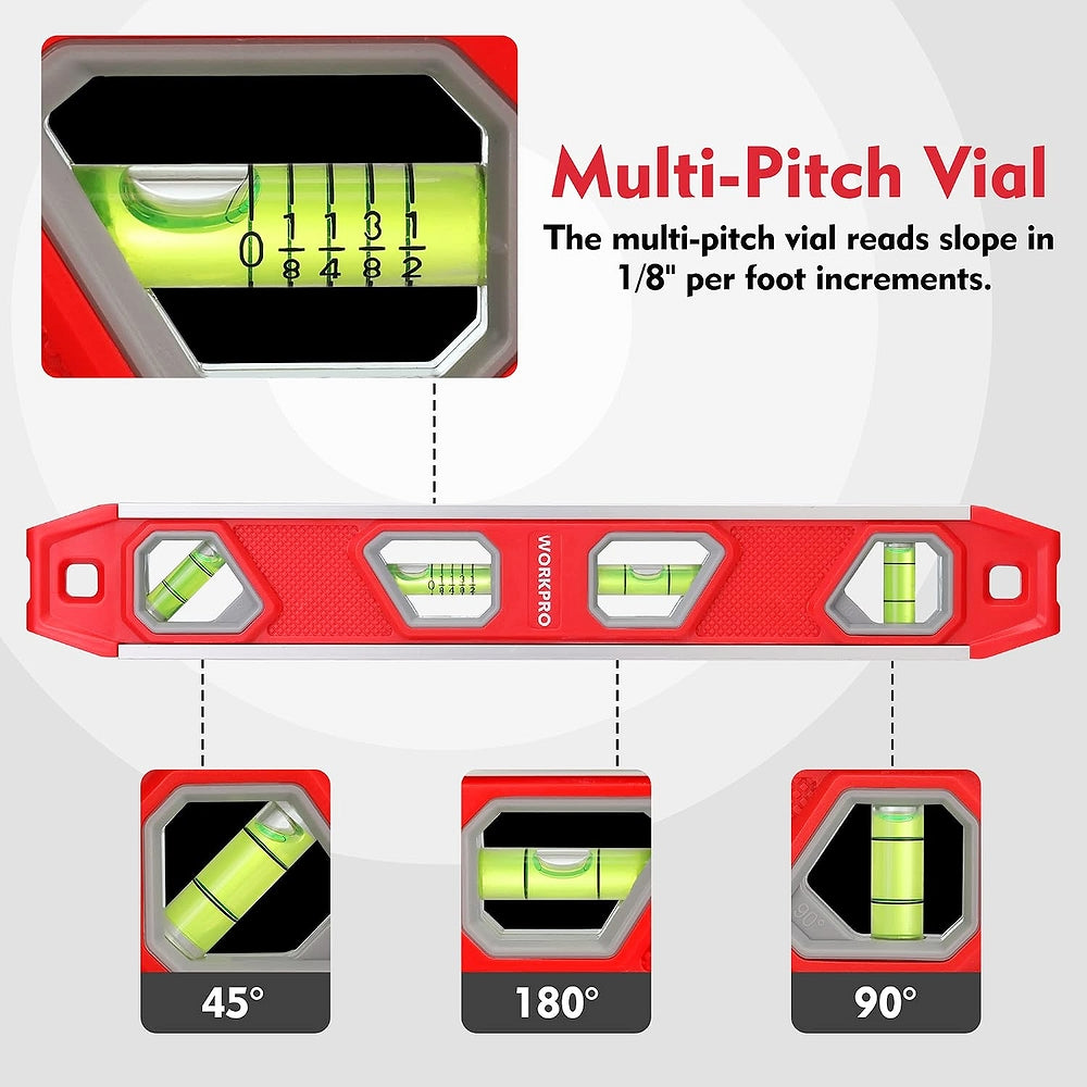 Red torpedo level showing 4 bubble vials for multiple angles and slope readings