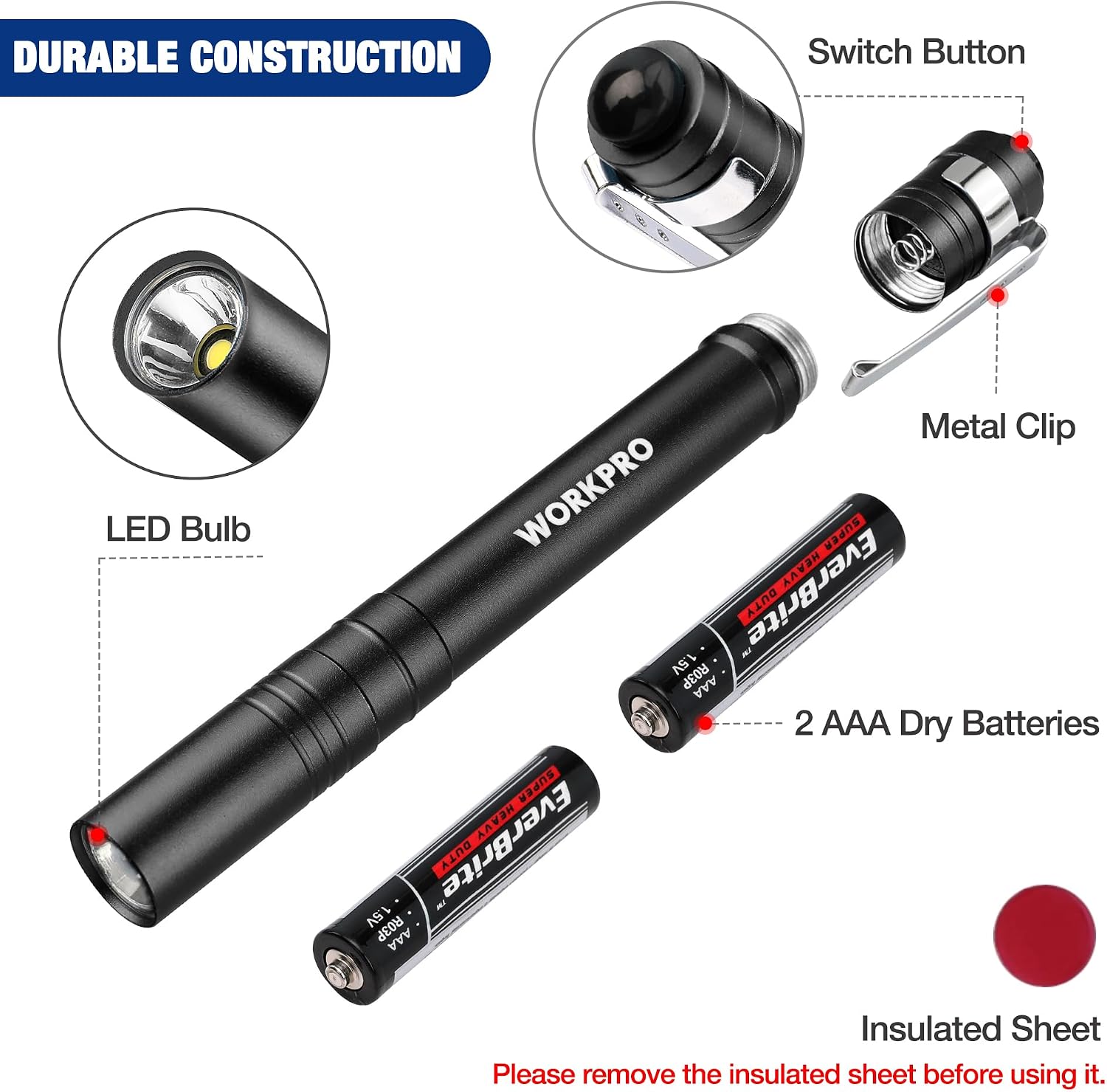 Black aluminum LED pen light with metal clip and LED lens at the tip