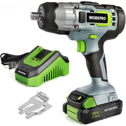 Cordless 20V impact wrench kit with charger base and metal mounting brackets