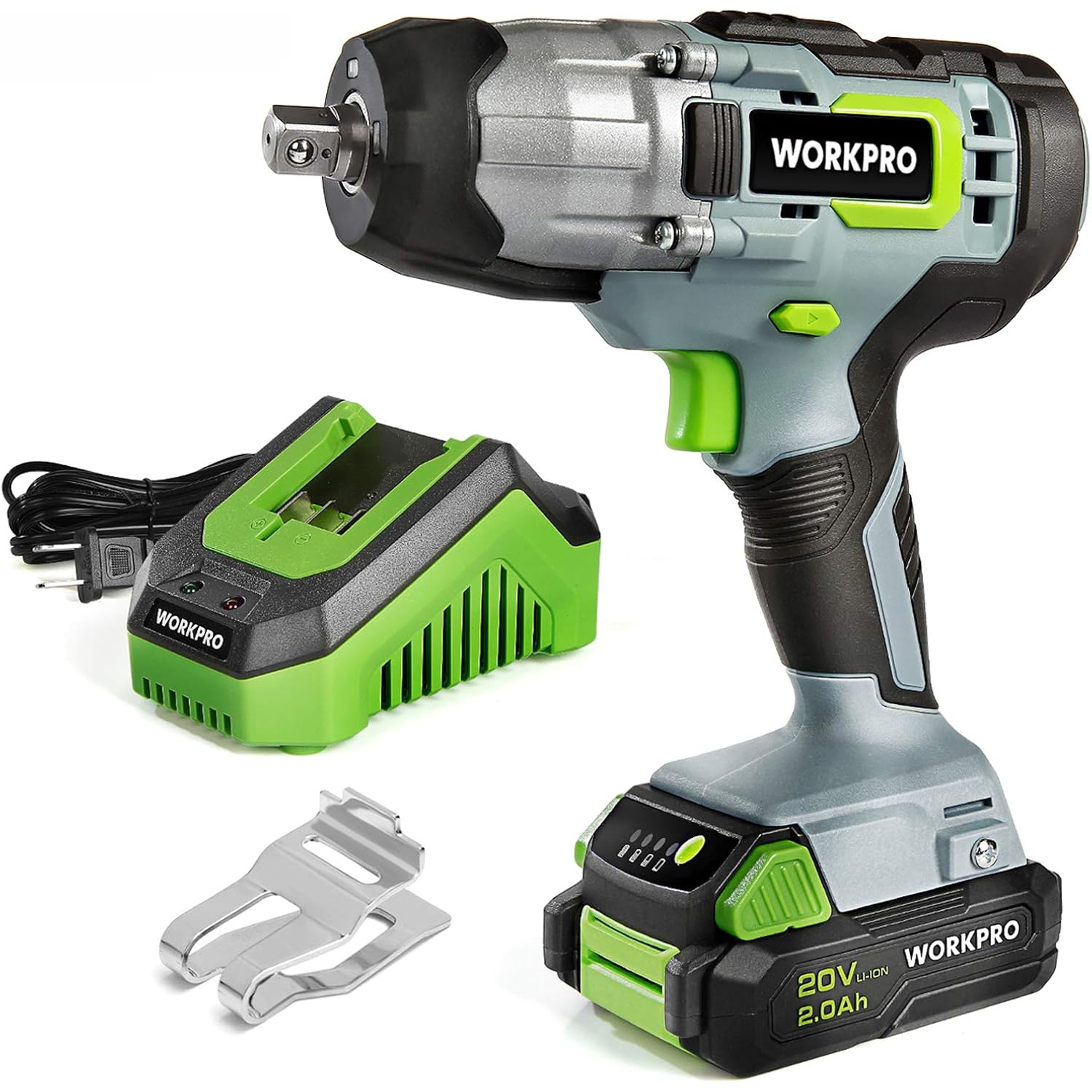 Cordless 20V impact wrench kit with charger base and metal mounting brackets
