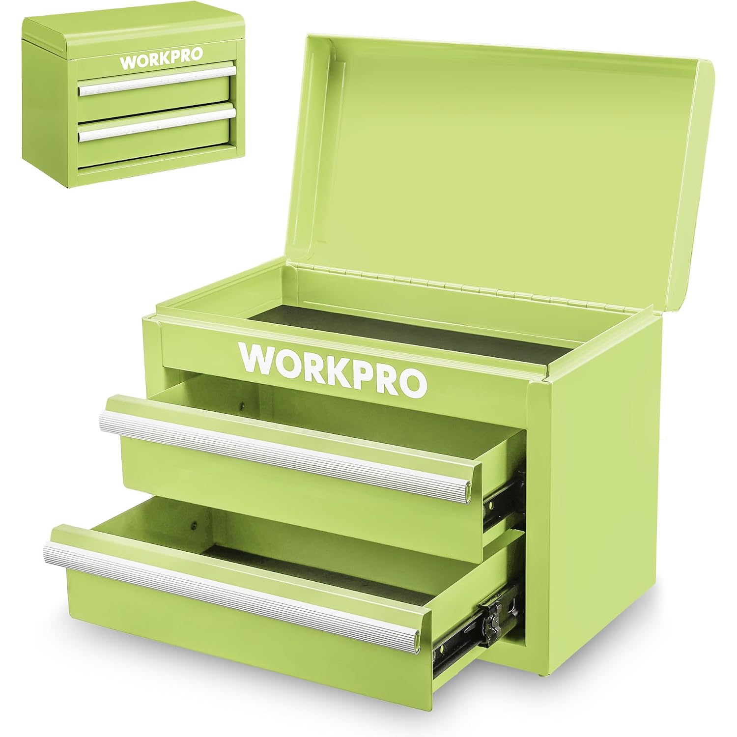 WORKPRO Metal Mini Tool Box, Top Tool Chest containing Two Drawers with Ball Bearing Slides, PVC Drawer Liners and PP Feet Pads, Durable Cold Rolled Steel Small Toolbox for Multi-Purpose Storage