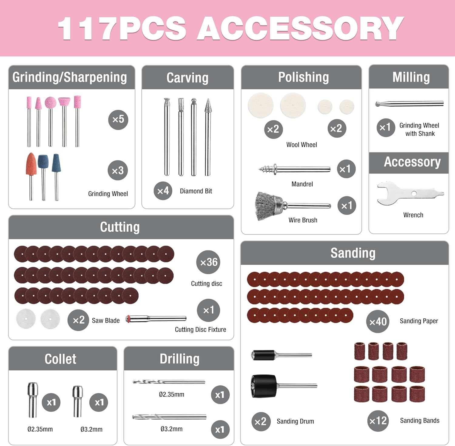 Cordless rotary tool kit with 117-piece accessory set, pink tool and grinding bits