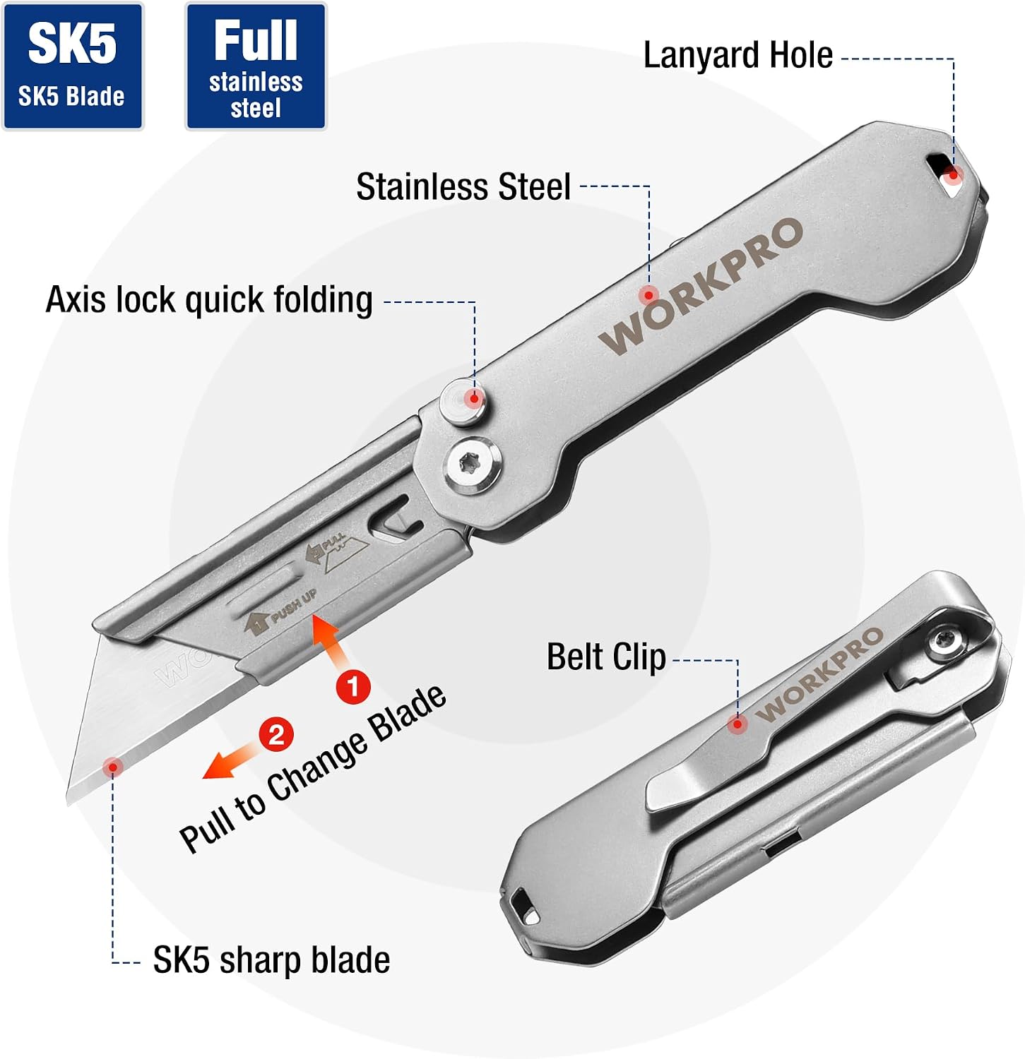 WORKPRO mini folding pocket utility knife with axis lock and belt clip