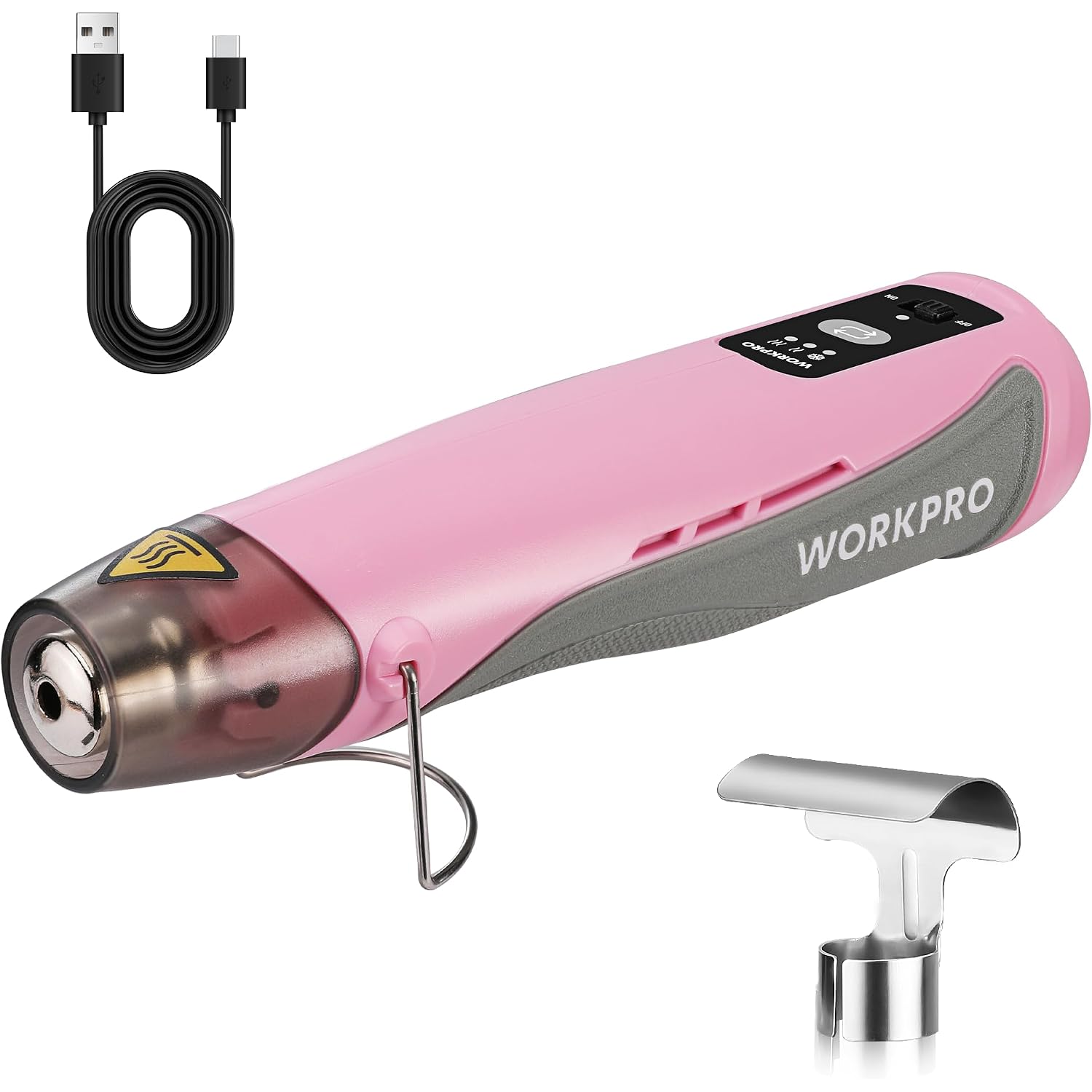 Pink mini cordless heat gun with Type-C cable and reflector nozzle attachment