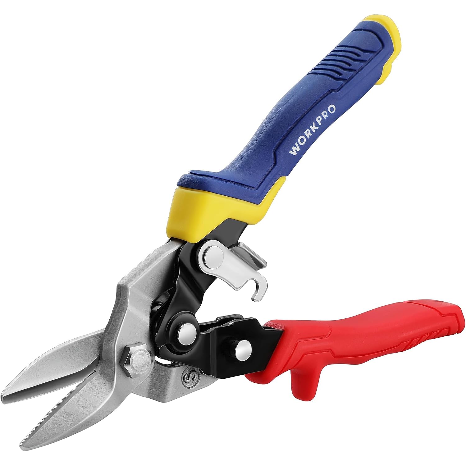 Compact aviation snips with blue TPR handle, yellow grip, and silver blade head