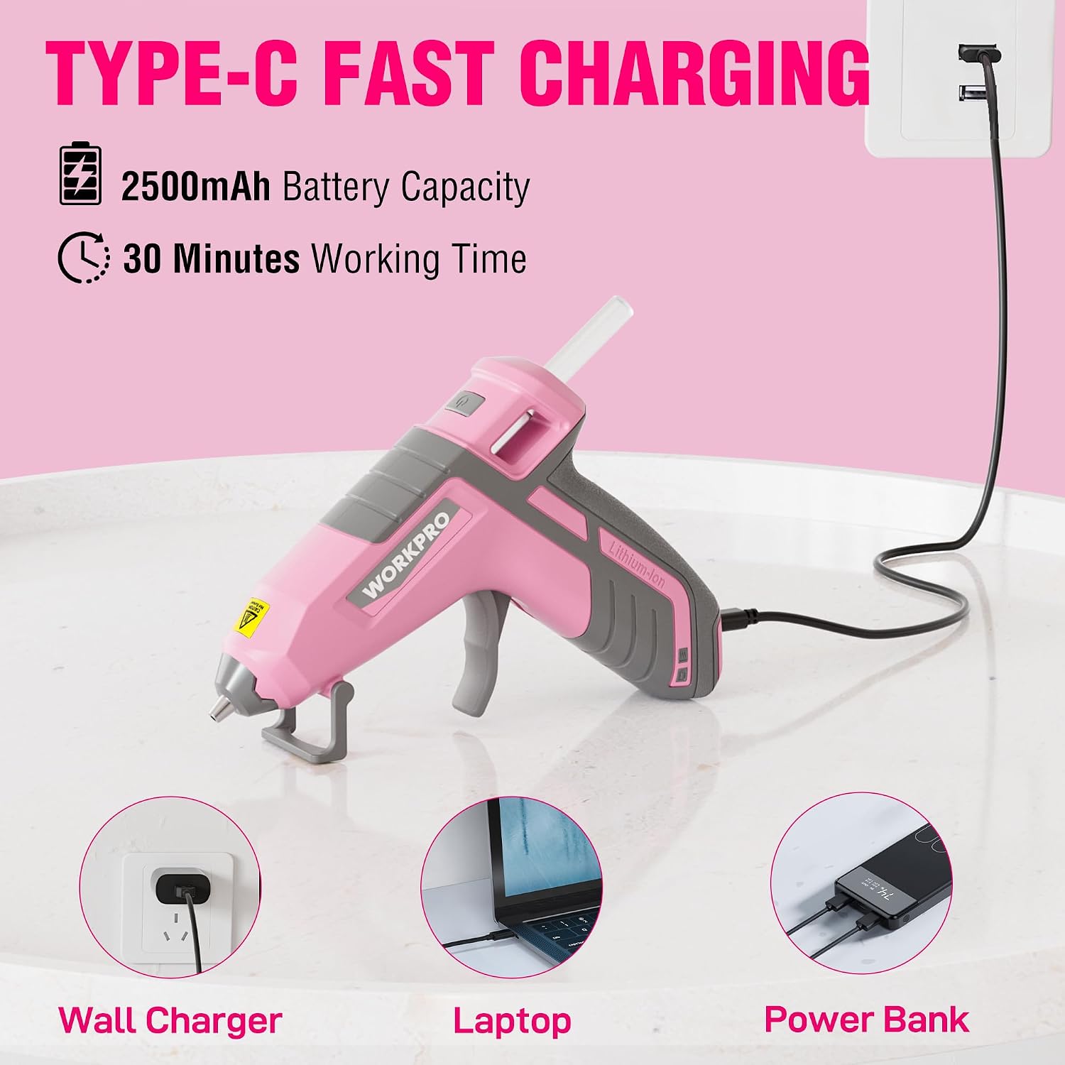 WORKPRO 3.6V Cordless Hot Glue Gun (Upgrade), with 20 Pcs Premium Mini Glue Sticks- Pink Ribbon