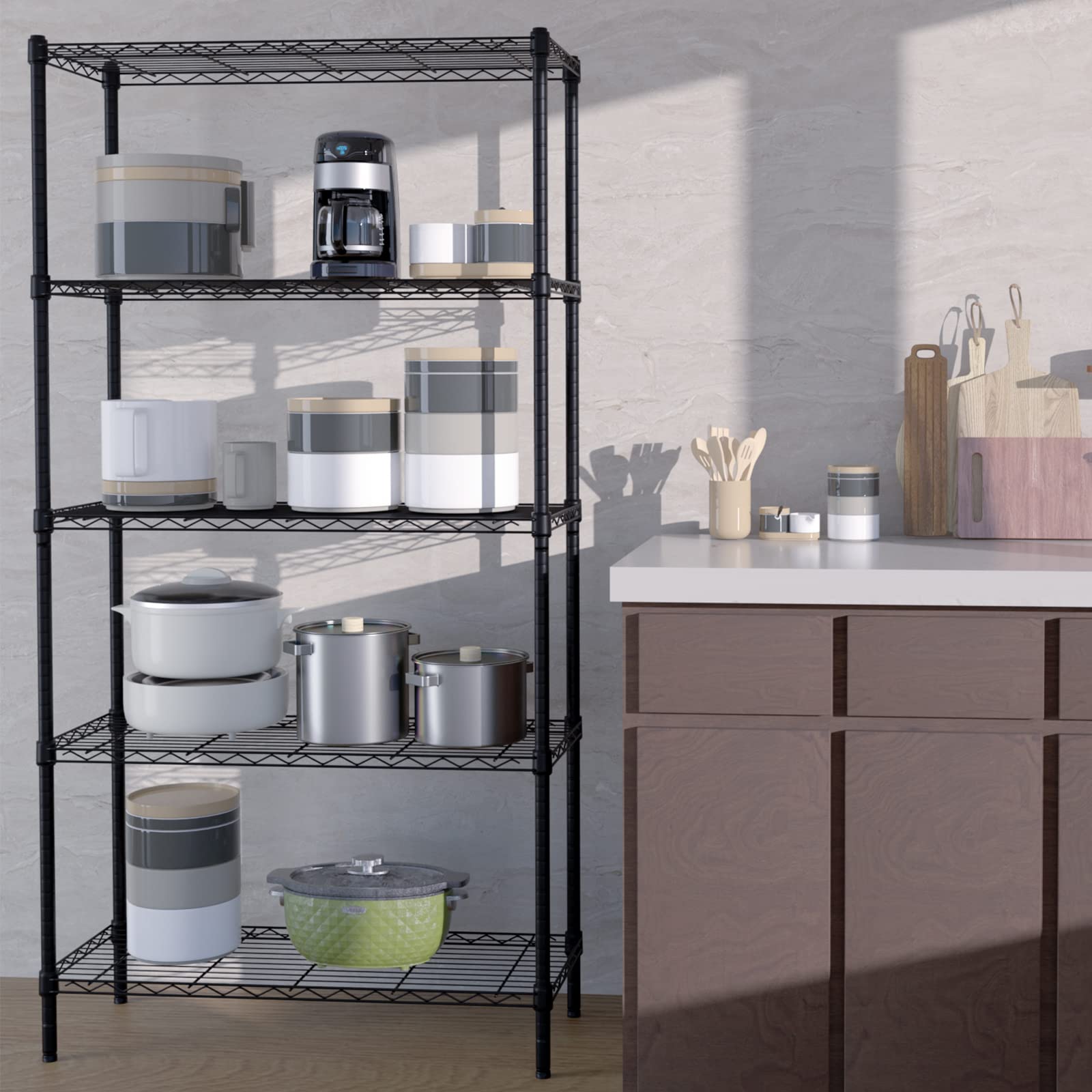 Black 5-tier wire storage rack with kitchen countertop items on open metal shelves