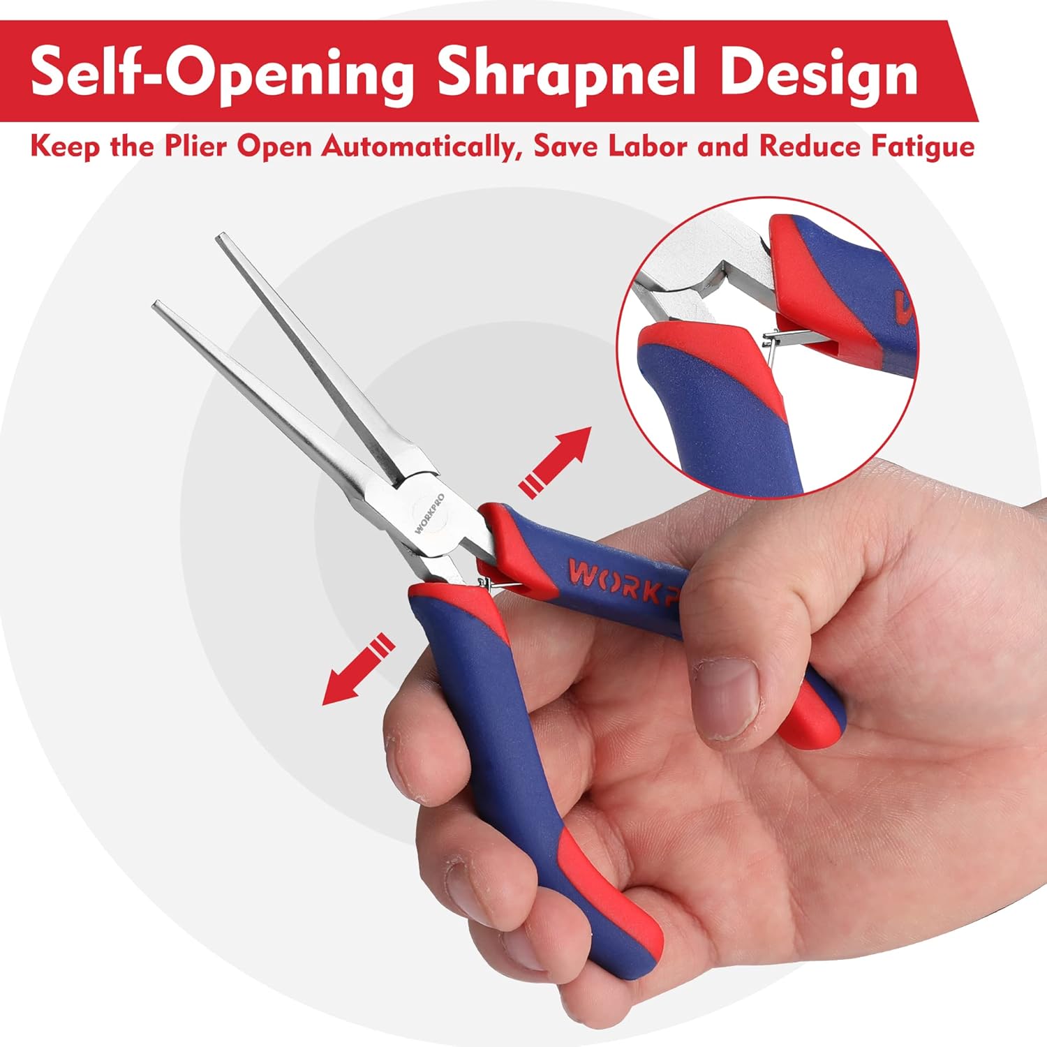 Self-opening needle nose pliers with long tips, blue handles with red grips