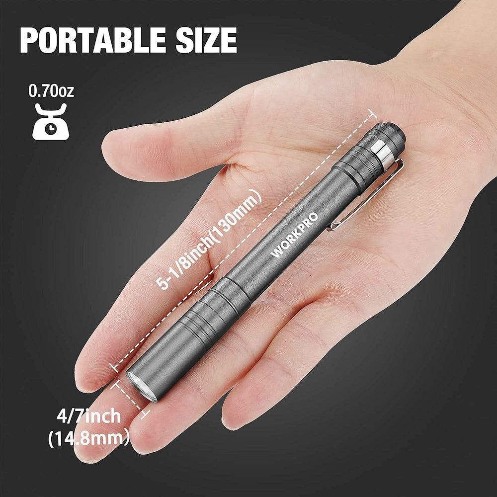 Compact aluminum LED pen flashlight shown in hand with size measurements