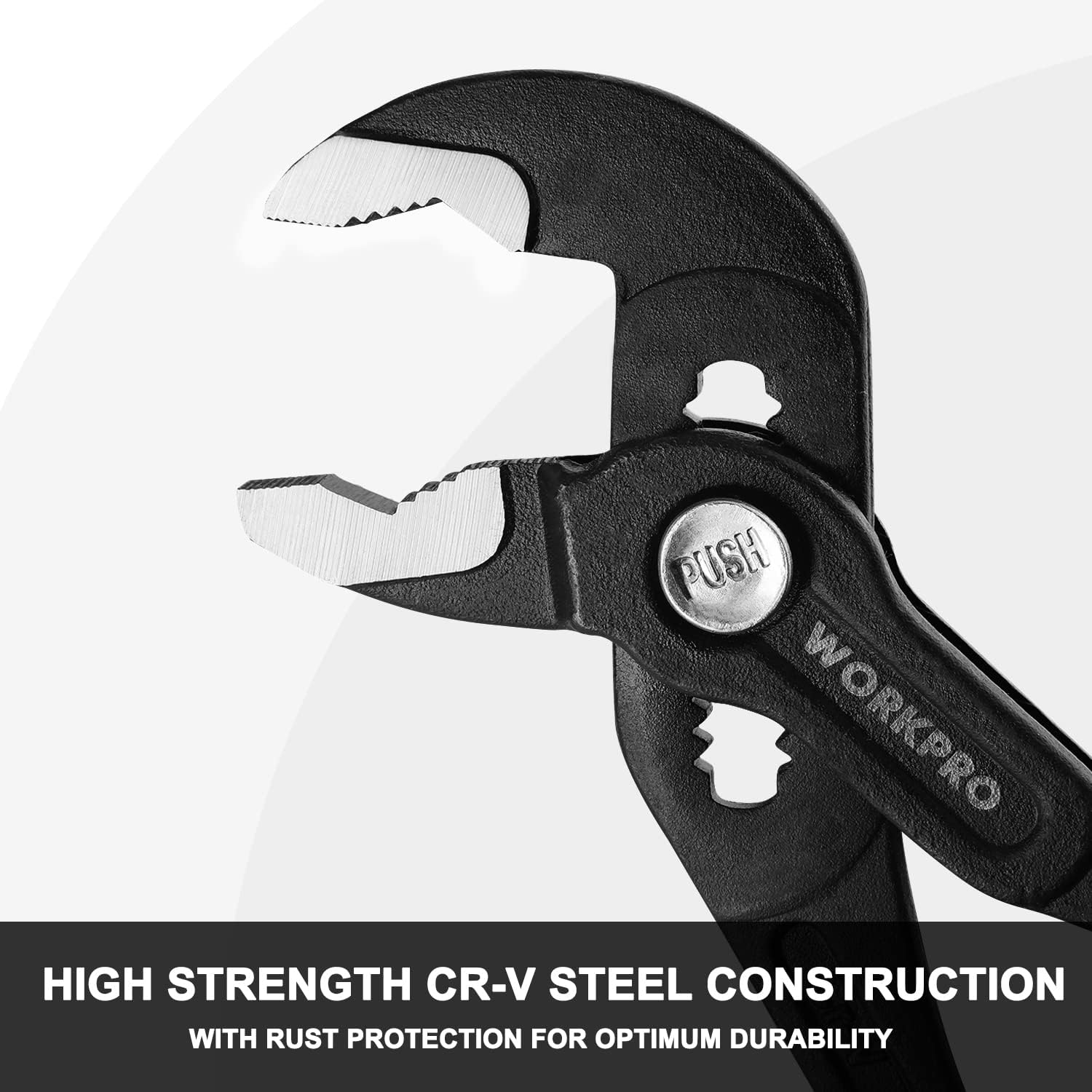 WORKPRO groove joint pliers with black V-jaw grips and marked adjustment wheel