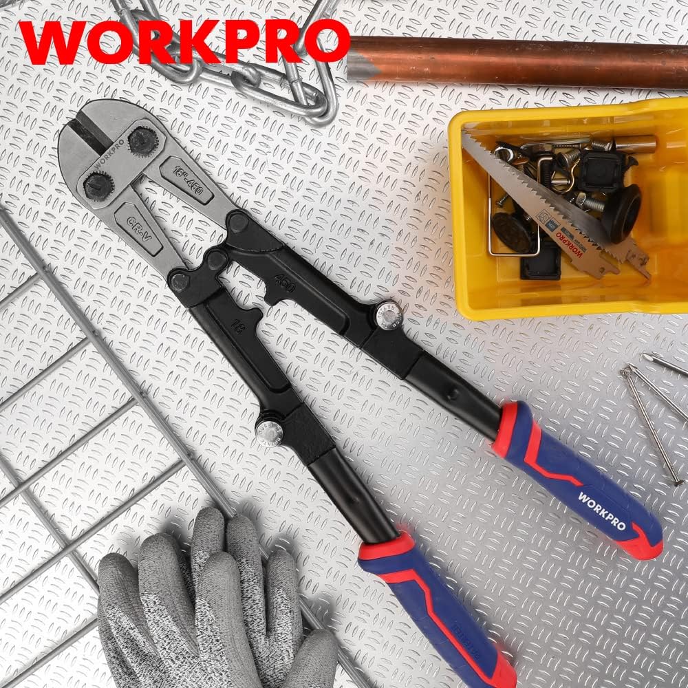 WORKPRO 18 Inch Bolt Cutter, Tri-Material Handle with Comfort Grip, Foldable