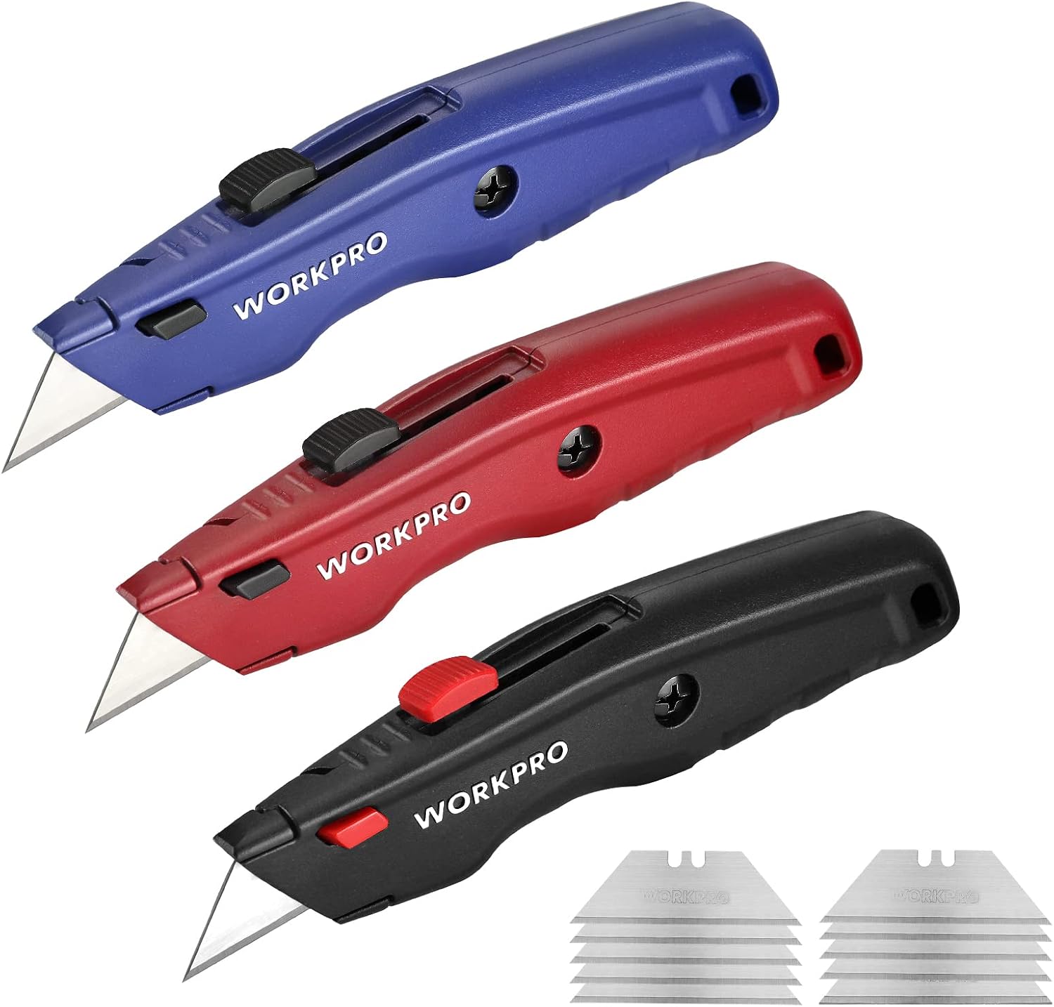 Retractable utility knife set with blue, red, and black handles and spare blade inserts