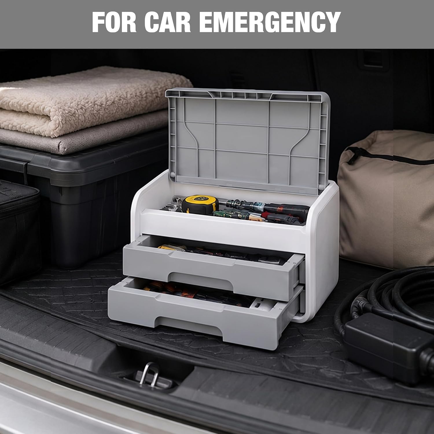 Desktop drawer organizer in grey and white, with flip-top lid and two pull-out drawers