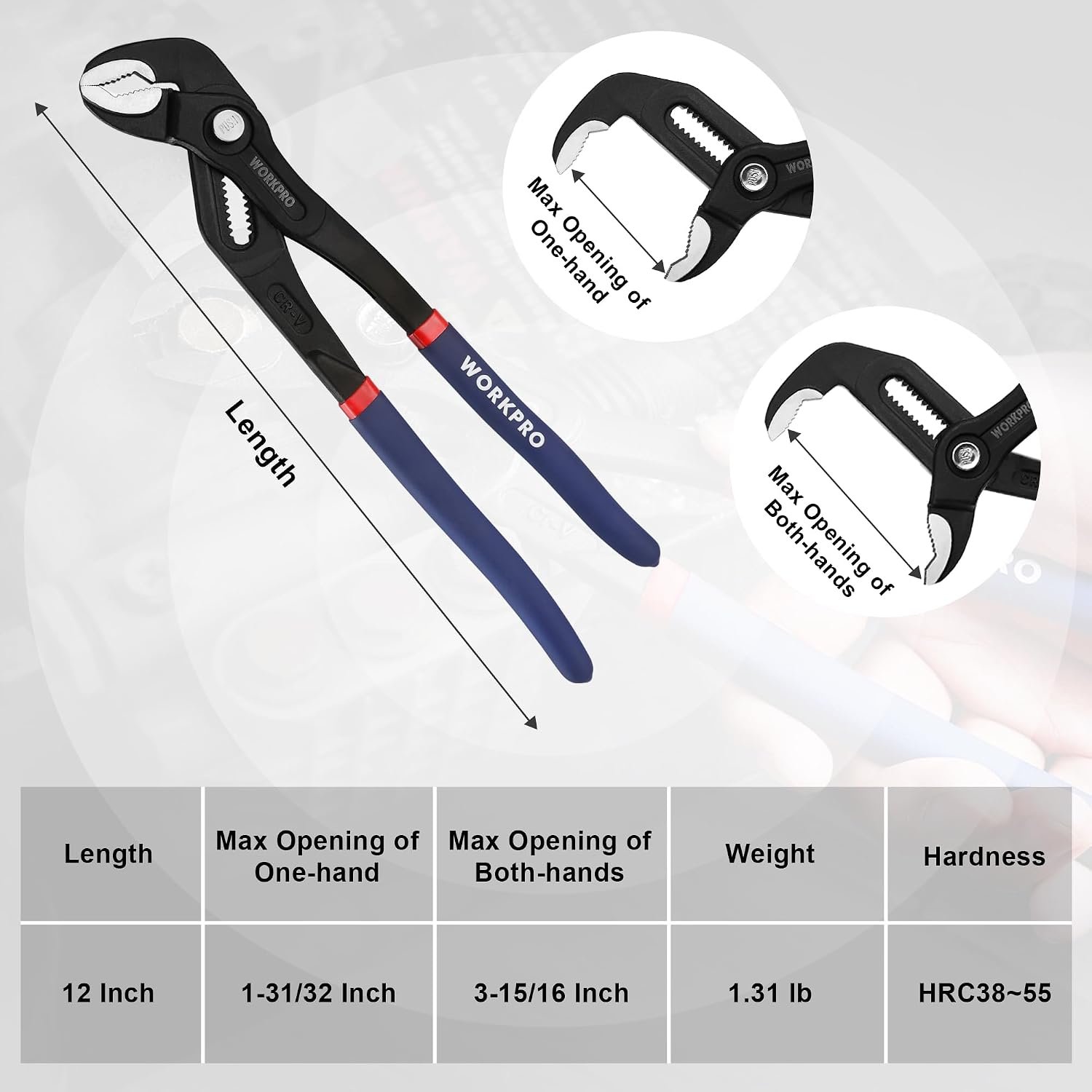 12-inch groove joint pliers with black body, blue handles, and quick-release jaw action
