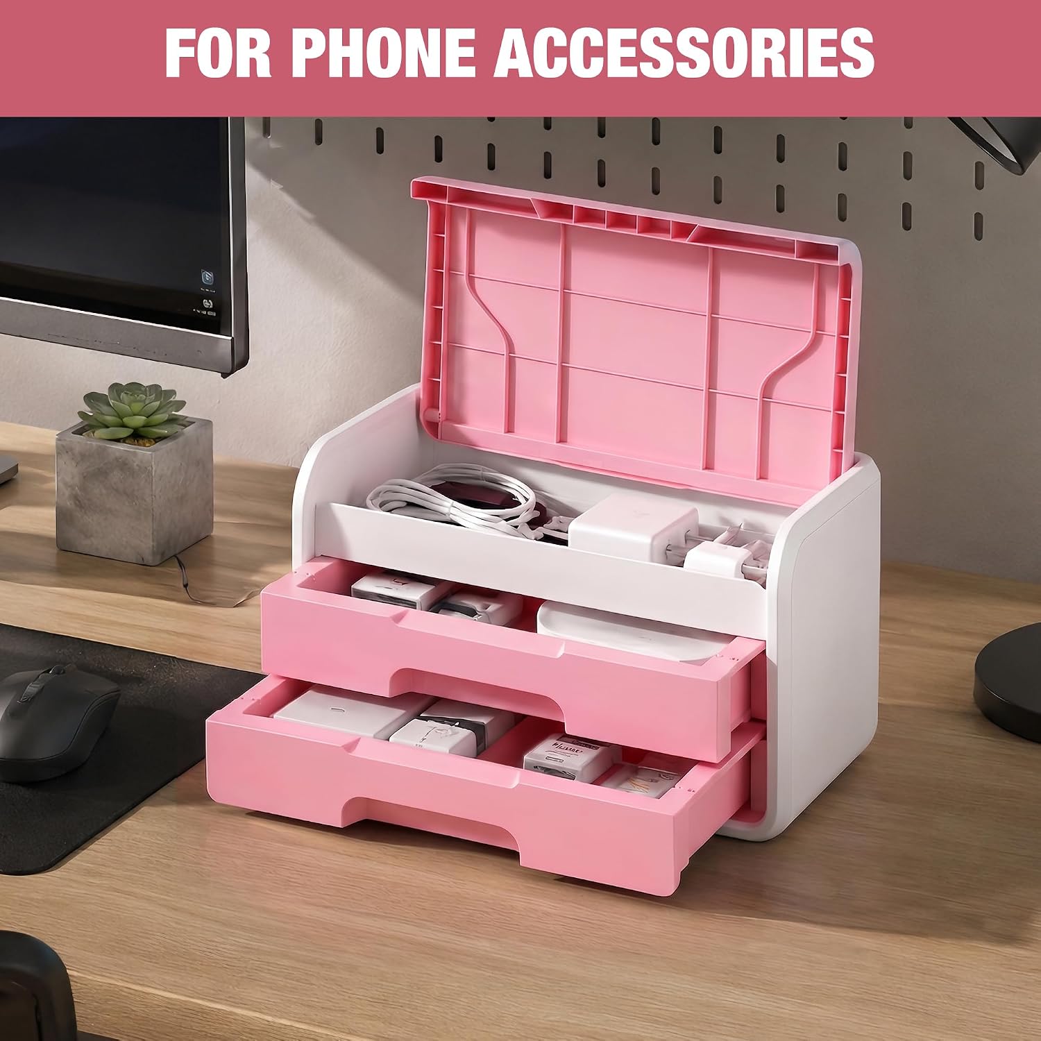 Pink and white flip-top drawer organizer with two compartments and two pull-out drawers