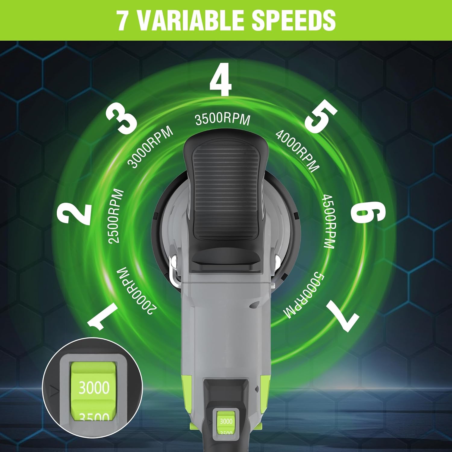 Dual-action buffer polisher with variable speed range from 1 to 7