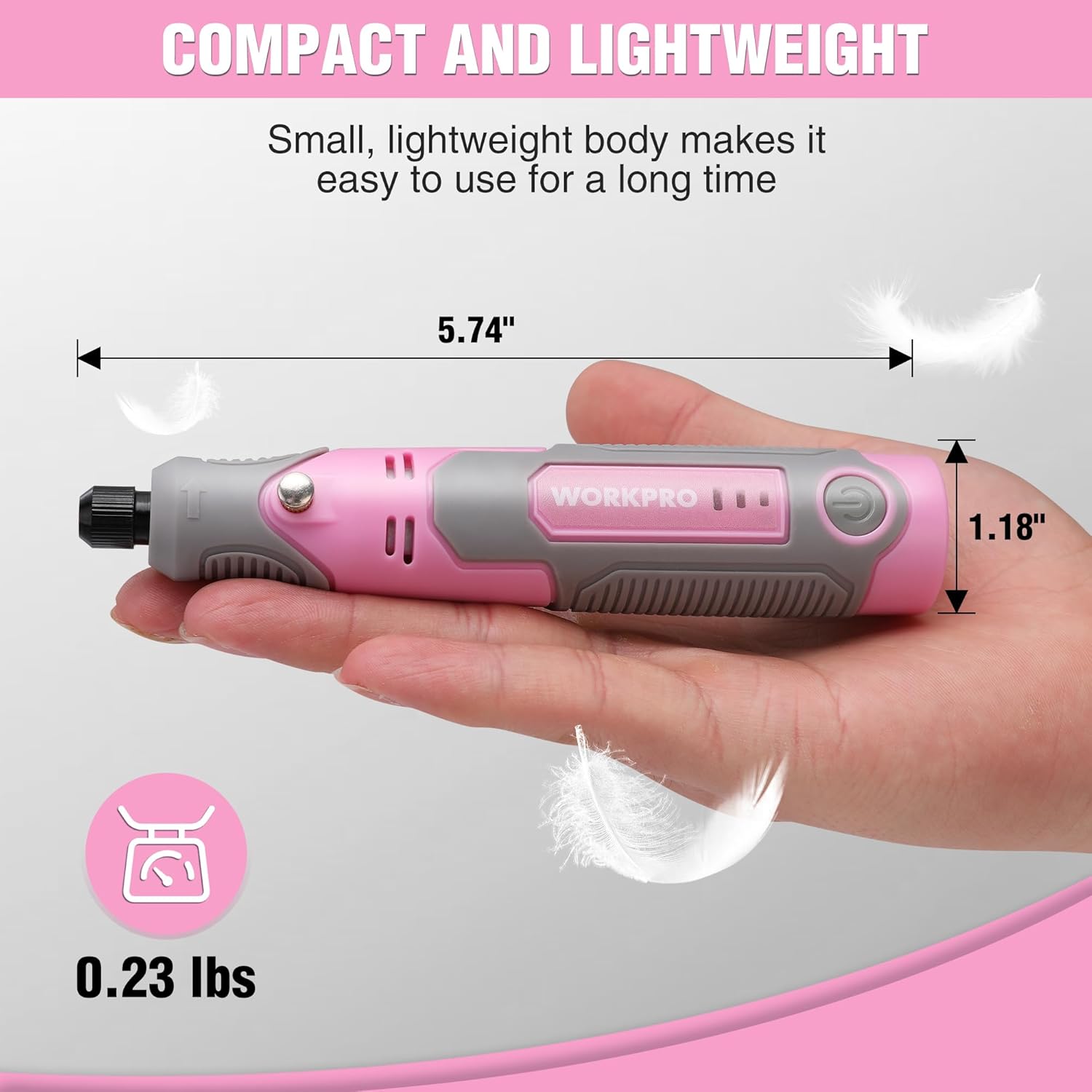 Pink and gray compact rotary tool shown in hand, with power control on body