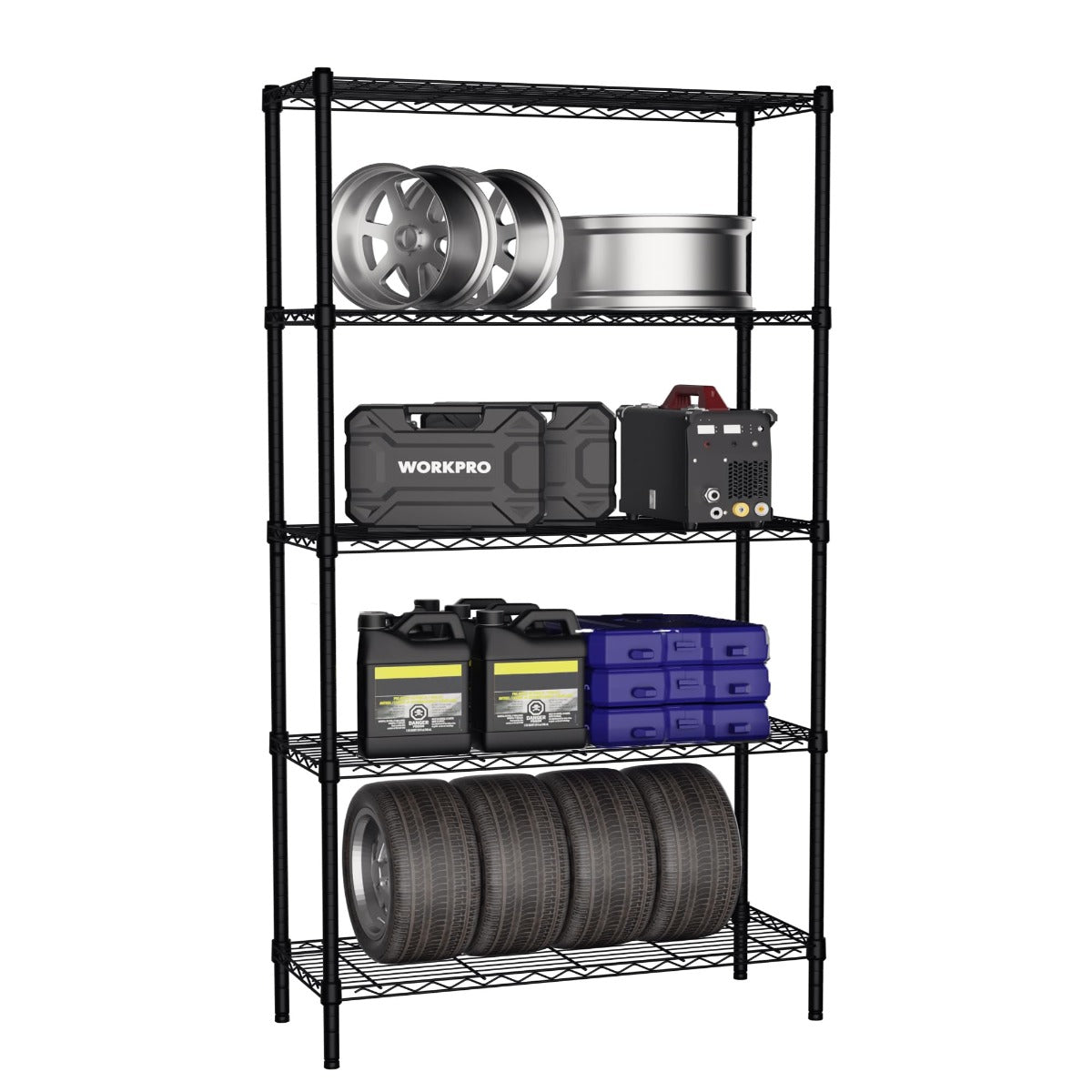 Black 5-tier wire storage rack holding tools, bins, and metal cookware