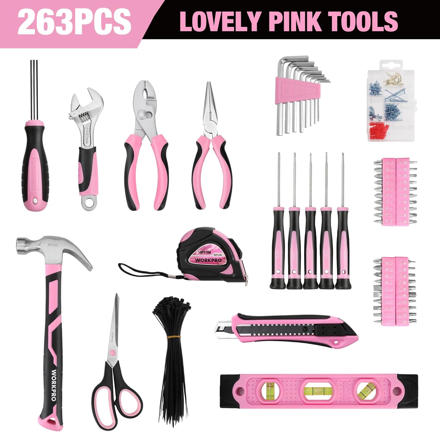Pink 263-piece tool assortment with hand tools, level, and measuring accessories