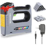 Cordless electric staple gun with black handle; includes staple strips and power adapter
