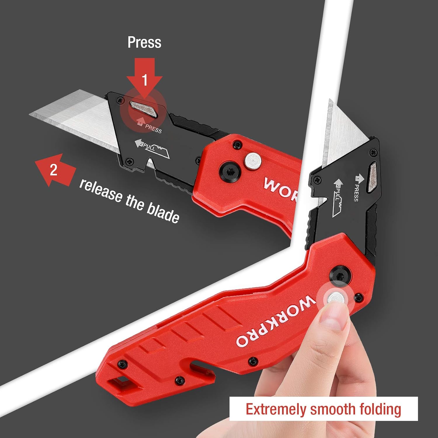 WORKPRO Folding Utility Knife Lightweight Nylon Handle Utility Cutter with 10-piece Extra Blades, Red