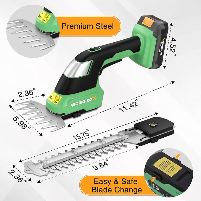 Cordless grass shear and shrub trimmer with dual blades and 20V battery