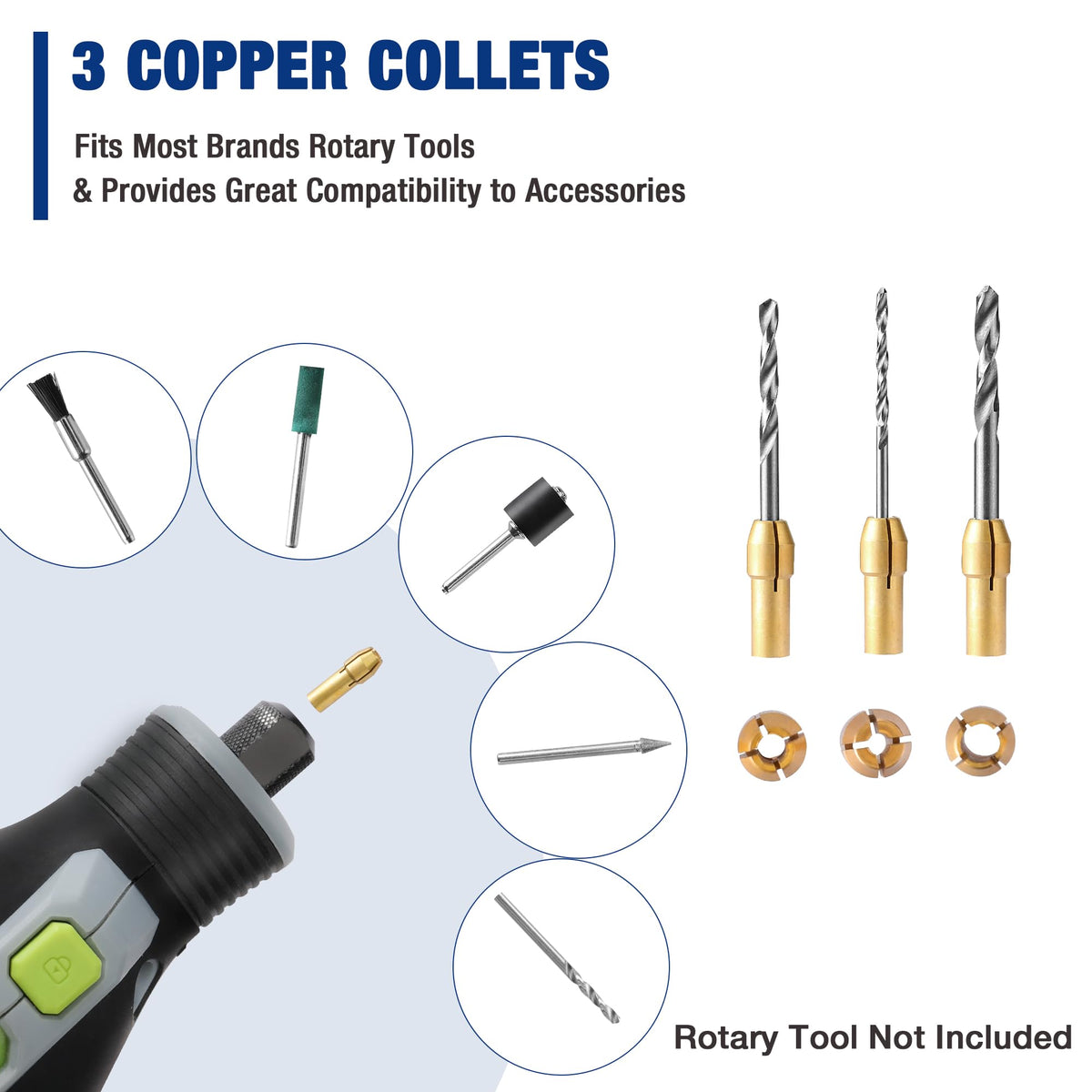 Three copper-colored collets with rotary tool shanks and bits