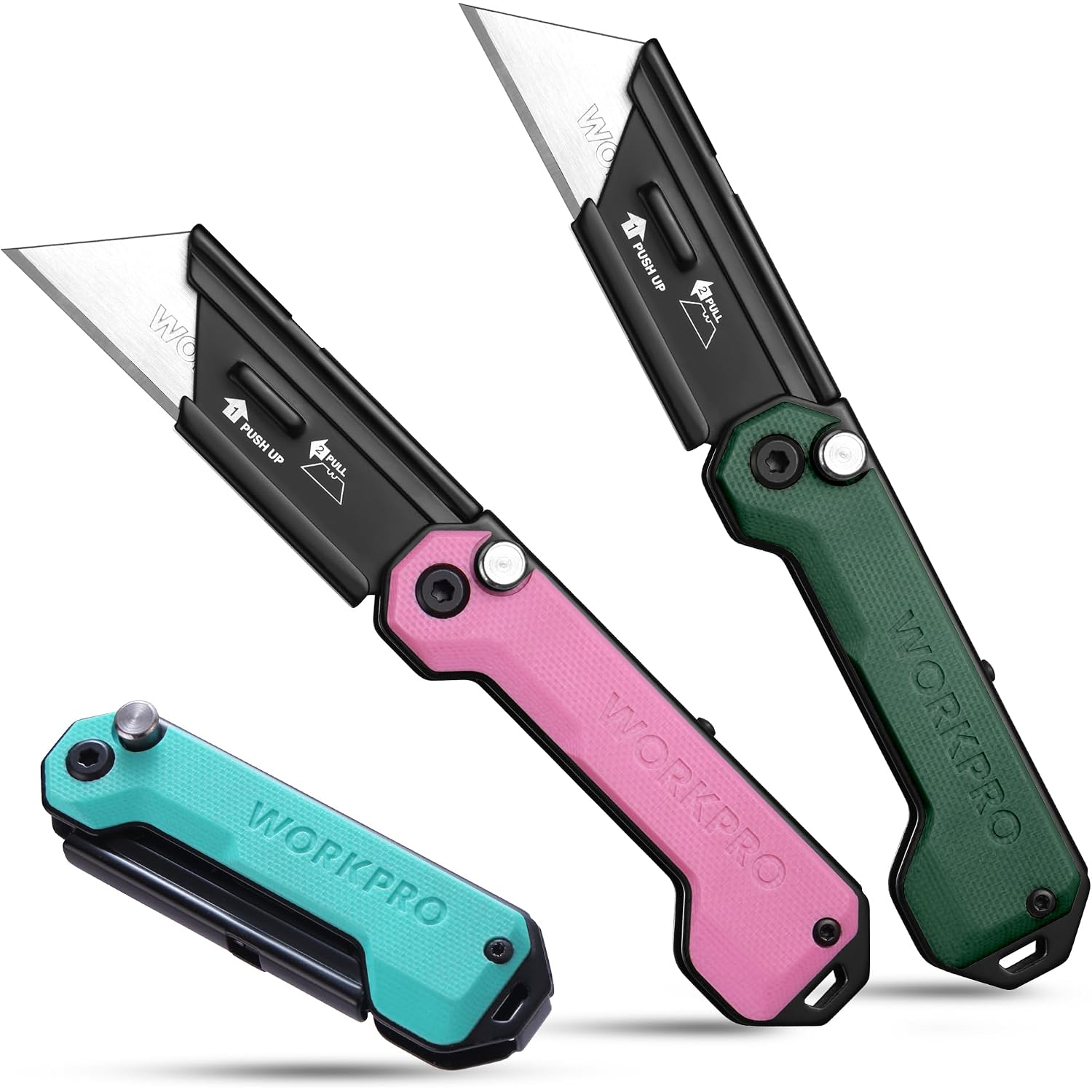 Folding utility knife with teal, pink, and green G10 handles and fixed box-cutter blades