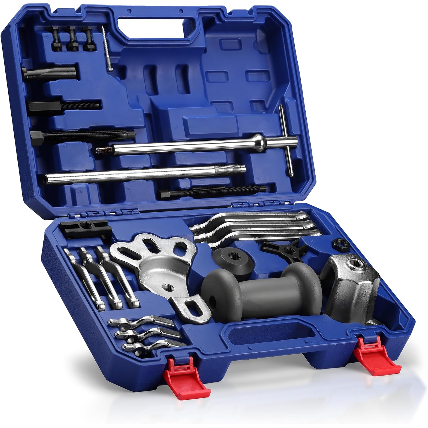 Blue carry case holding slide hammer puller tools, jaws, and mounting accessories