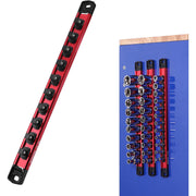 Red socket organizer rail with black clips and attached aluminum frame