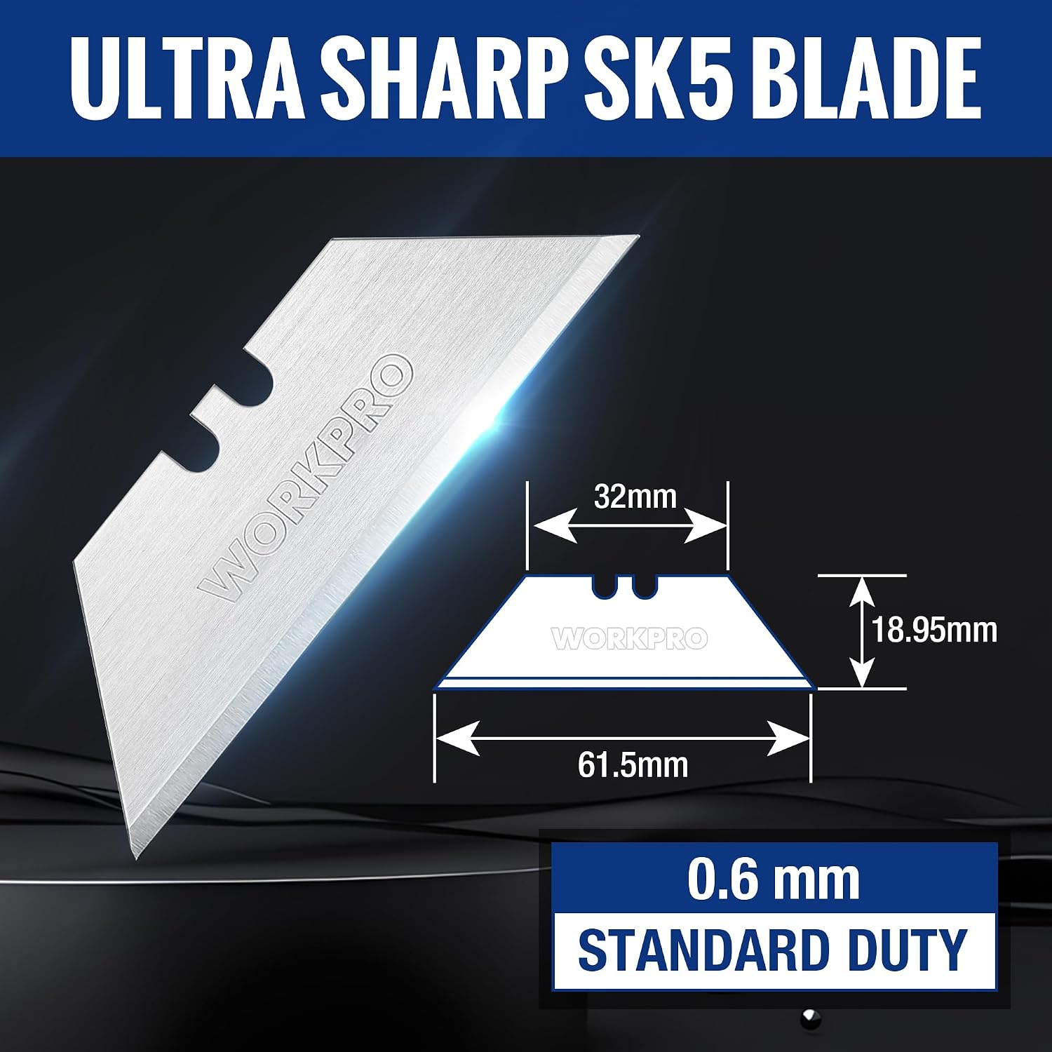 Stacked SK5 utility knife blades with side notches, silver metal cutter plates