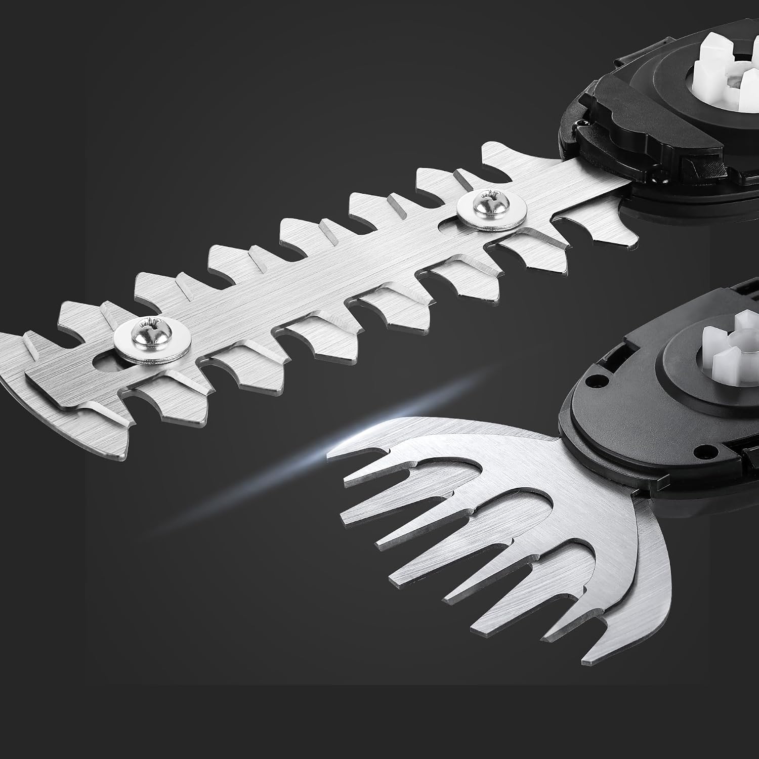 Metal replacement blades with serrated teeth and visible mounting screws.