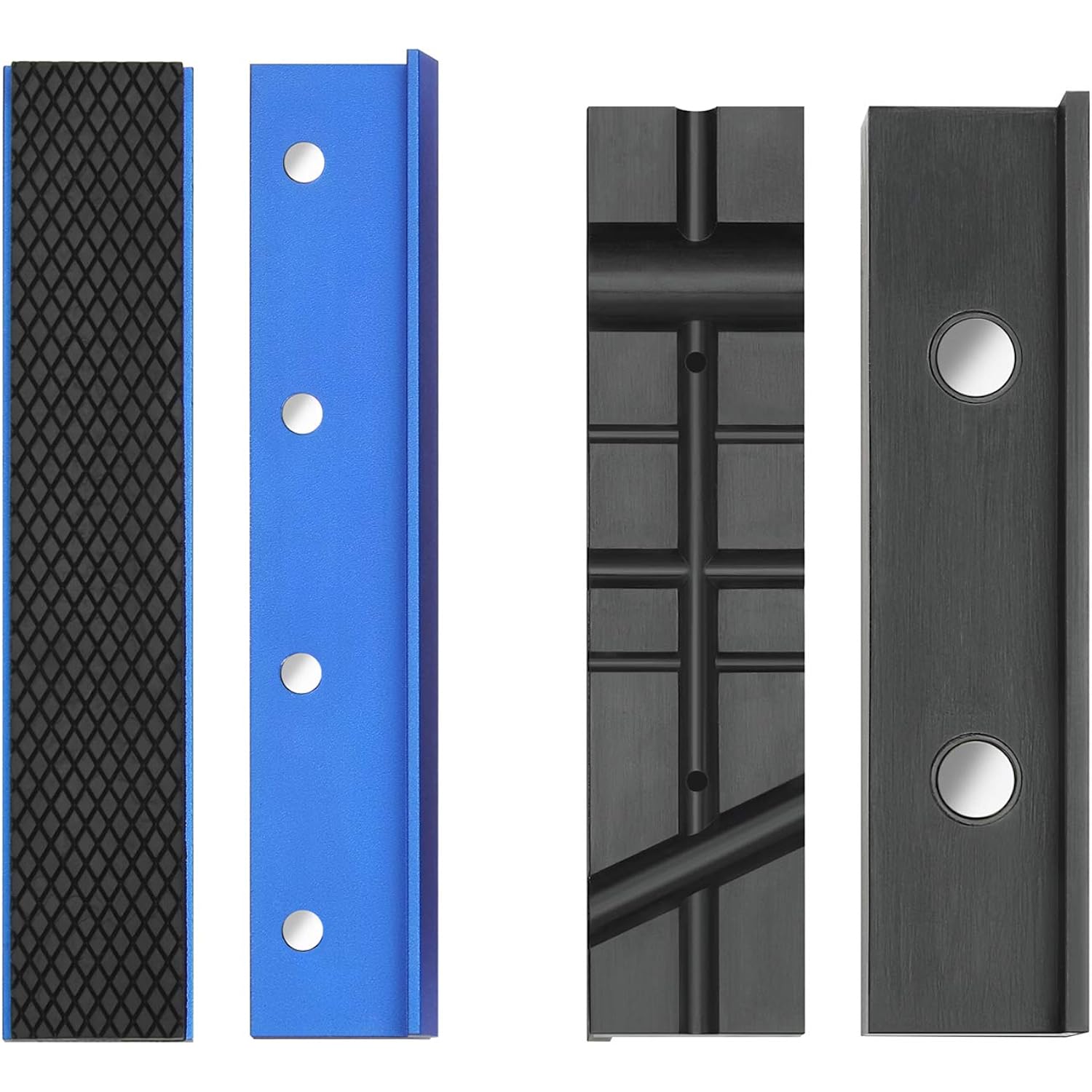 Assorted vise jaw pad inserts: black textured and blue pieces, plus two dark grooved pads