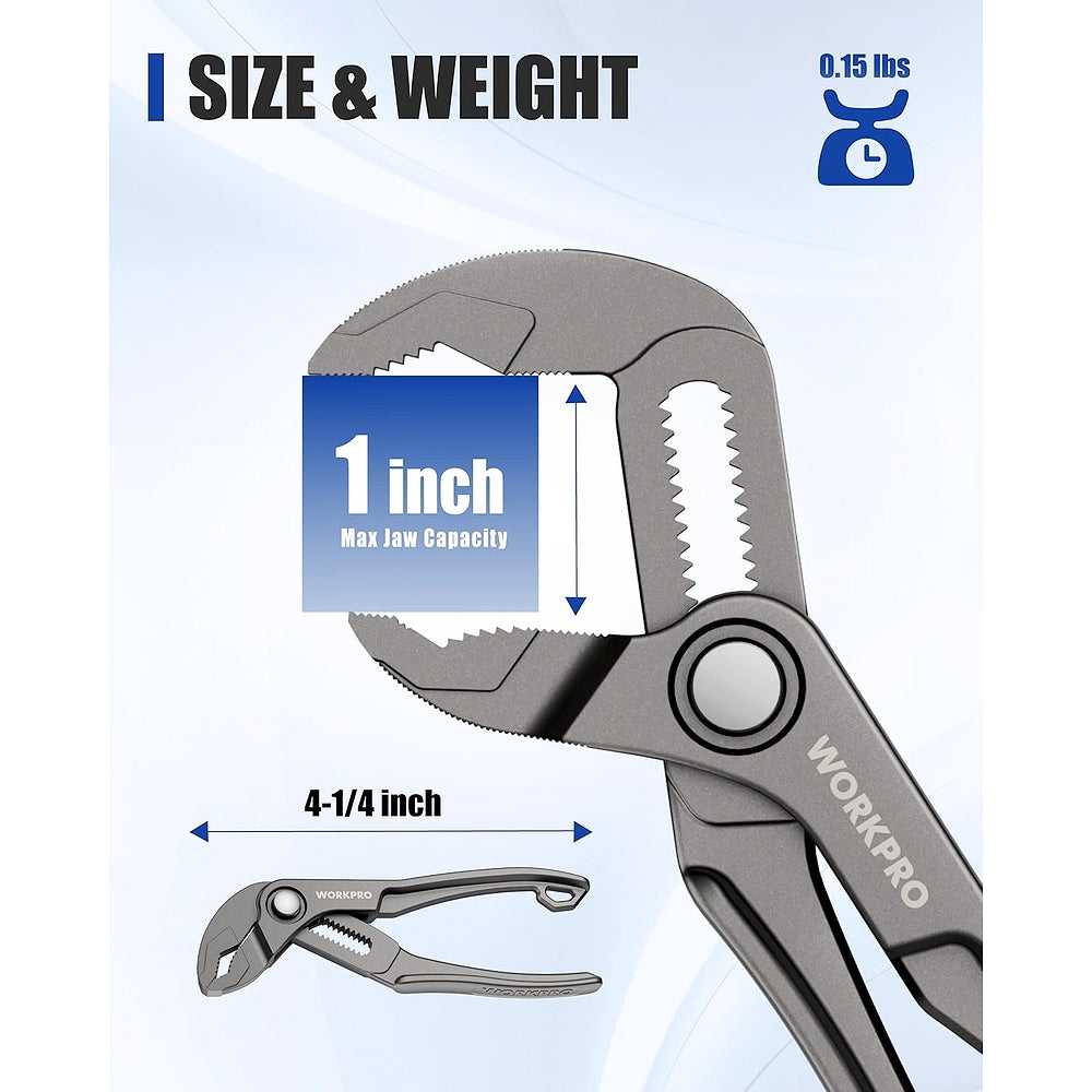 Grey WORKPRO 4-inch mini water pump pliers with serrated fixed and moving jaws