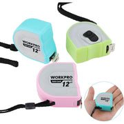 Set of mini tape measures in blue, green, and pink with auto-lock casings